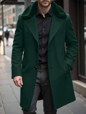 Manfinity Homme معطف طويل بأكمام طويلة وجيب وأزرار أمامية، لون أحادي للرجال، معطف خريفي شتوي للرجال باللون الأخضر