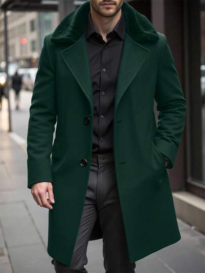 Manfinity Homme معطف طويل بأكمام طويلة وجيب وأزرار أمامية، لون أحادي للرجال، معطف خريفي شتوي للرجال باللون الأخضر