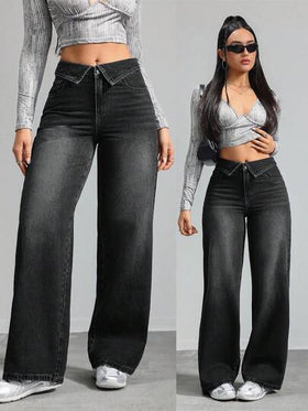 SHEIN Tall بنطلون جينز نسائي بتصميم واسع الساق مع جيوب وطيات على الخصر بألوان متباينة