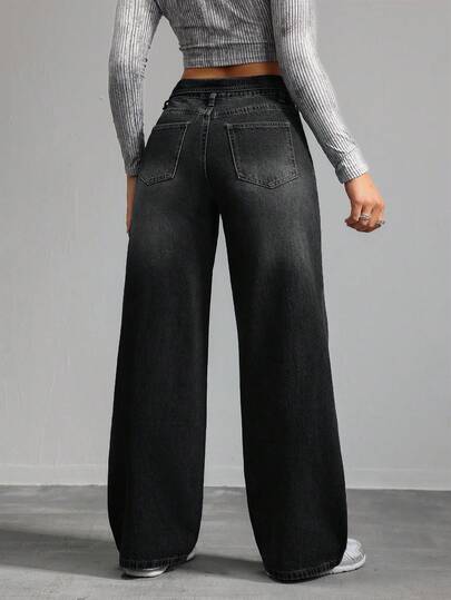 SHEIN Tall بنطلون جينز نسائي بتصميم واسع الساق مع جيوب وطيات على الخصر بألوان متباينة