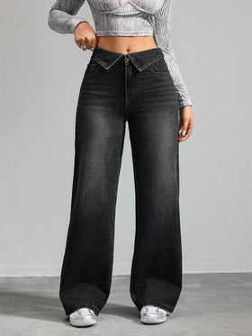 SHEIN Tall بنطلون جينز نسائي بتصميم واسع الساق مع جيوب وطيات على الخصر بألوان متباينة