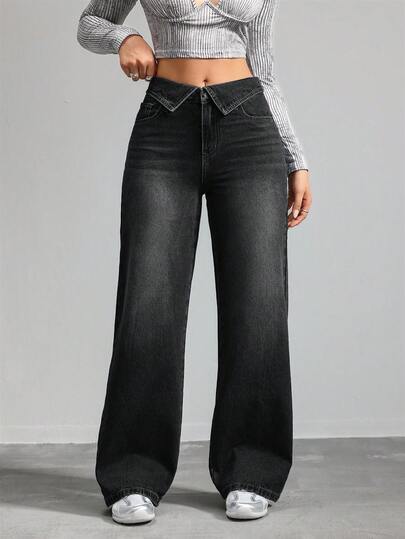 SHEIN Tall بنطلون جينز نسائي بتصميم واسع الساق مع جيوب وطيات على الخصر بألوان متباينة