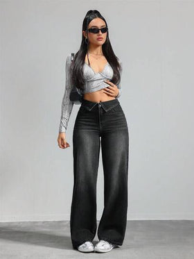 SHEIN Tall بنطلون جينز نسائي بتصميم واسع الساق مع جيوب وطيات على الخصر بألوان متباينة