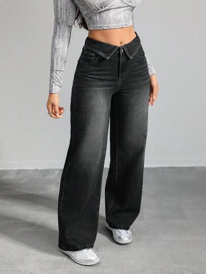 SHEIN Tall بنطلون جينز نسائي بتصميم واسع الساق مع جيوب وطيات على الخصر بألوان متباينة