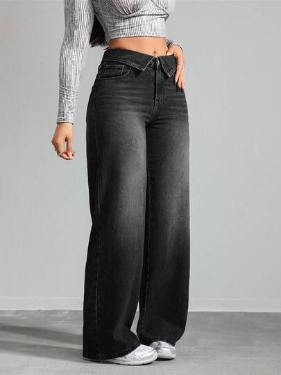 SHEIN Tall بنطلون جينز نسائي بتصميم واسع الساق مع جيوب وطيات على الخصر بألوان متباينة
