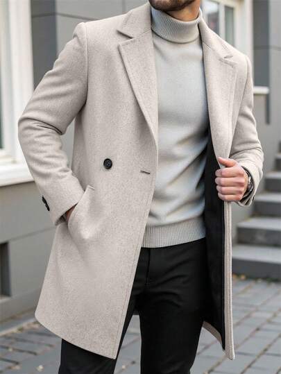 Manfinity Homme معطف طويل الأكمام بجيب وأزرار أمامية بلون واحد للرجال، معطف خروج خريفي، هدايا للأصدقاء والأزواج والأحباء، معطف رجالي، بيج، كاشمير، رسمي كاجوال للرجال، للشتاء