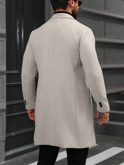 Manfinity Homme معطف طويل الأكمام بجيب وأزرار أمامية بلون واحد للرجال، معطف خروج خريفي، هدايا للأصدقاء والأزواج والأحباء، معطف رجالي، بيج، كاشمير، رسمي كاجوال للرجال، للشتاء