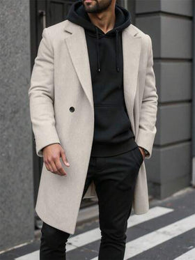 Manfinity Homme معطف طويل الأكمام بجيب وأزرار أمامية بلون واحد للرجال، معطف خروج خريفي، هدايا للأصدقاء والأزواج والأحباء، معطف رجالي، بيج، كاشمير، رسمي كاجوال للرجال، للشتاء