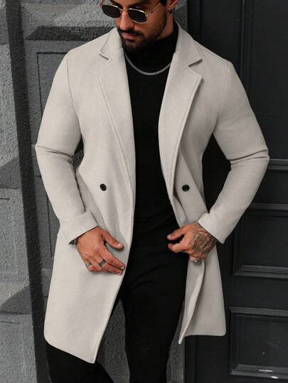 Manfinity Homme معطف طويل الأكمام بجيب وأزرار أمامية بلون واحد للرجال، معطف خروج خريفي، هدايا للأصدقاء والأزواج والأحباء، معطف رجالي، بيج، كاشمير، رسمي كاجوال للرجال، للشتاء