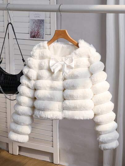 SHEIN معطف قماش مخمل مريح للفتيات المراهقات مع زخرفة فيونكة، قصة فضفاضة، مناسب للخريف/الشتاء، مناسب للاستخدام اليومي والحفلات وجلسات التصوير
