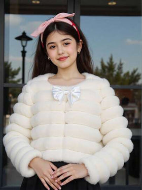 SHEIN معطف قماش مخمل مريح للفتيات المراهقات مع زخرفة فيونكة، قصة فضفاضة، مناسب للخريف/الشتاء، مناسب للاستخدام اليومي والحفلات وجلسات التصوير