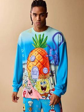 SpongeBob SquarePants | SHEIN طقم ملابس منزلية للرجال بسروال وبلوزة كاجوال بنمط كرتوني، ملابس خريف وشتاء