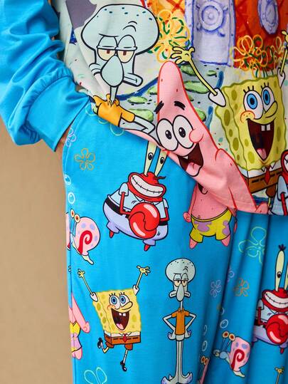 SpongeBob SquarePants | SHEIN طقم ملابس منزلية للرجال بسروال وبلوزة كاجوال بنمط كرتوني، ملابس خريف وشتاء