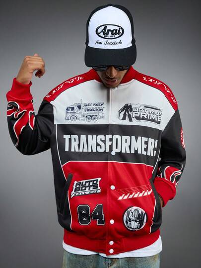 Transformers X SHEIN معطف وسترة رجالية بسحاب وأكمام طويلة مع طباعة حرفية وألوان متباينة
