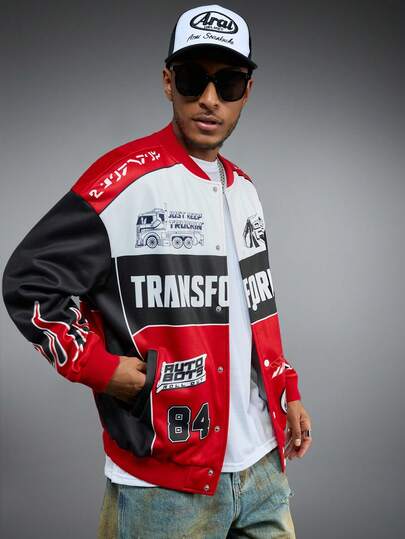 Transformers X SHEIN معطف وسترة رجالية بسحاب وأكمام طويلة مع طباعة حرفية وألوان متباينة