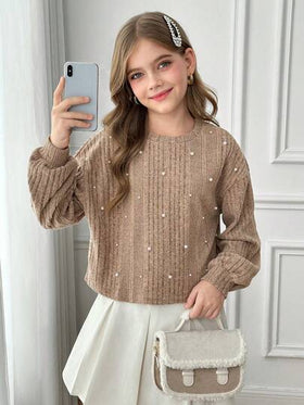 SHEIN تي شيرت كاجوال بأكمام طويلة فضفاض بياقة طاقم مزين بالدبابيس، محبوك بنسيج ناعم مخطط، مناسب للخريف/الشتاء