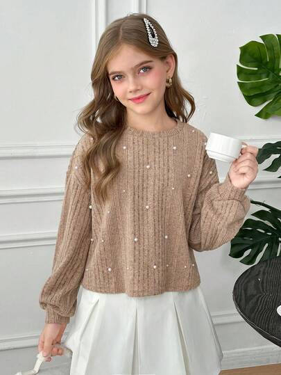 SHEIN تي شيرت كاجوال بأكمام طويلة فضفاض بياقة طاقم مزين بالدبابيس، محبوك بنسيج ناعم مخطط، مناسب للخريف/الشتاء