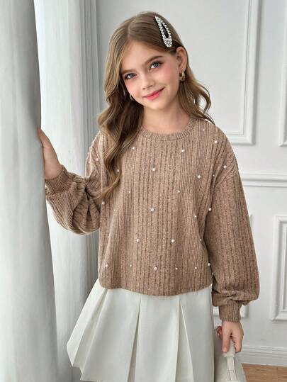 SHEIN تي شيرت كاجوال بأكمام طويلة فضفاض بياقة طاقم مزين بالدبابيس، محبوك بنسيج ناعم مخطط، مناسب للخريف/الشتاء