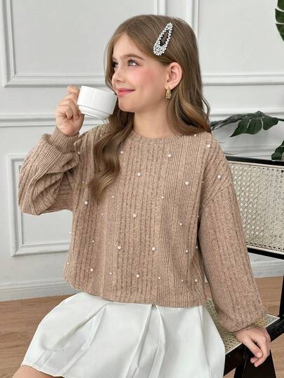 SHEIN تي شيرت كاجوال بأكمام طويلة فضفاض بياقة طاقم مزين بالدبابيس، محبوك بنسيج ناعم مخطط، مناسب للخريف/الشتاء