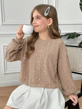 SHEIN تي شيرت كاجوال بأكمام طويلة فضفاض بياقة طاقم مزين بالدبابيس، محبوك بنسيج ناعم مخطط، مناسب للخريف/الشتاء