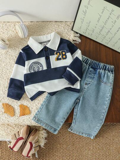 SHEIN Playful Pals مجموعة ملابس أطفال بولو مخطط وجينز أزرق للأولاد والبنات الرضع، 2 قطعة/مجموعة، مناسبة للطبقات مع جاكيت في الشتاء، مناسبة للرياضة والمدرسة والعطلات والسفر، ملابس خريفية للأولاد، مجموعة متنوعة للأطفال في فصل الخريف والشتاء، مقاس 24 شهر