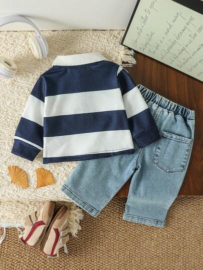 SHEIN Playful Pals مجموعة ملابس أطفال بولو مخطط وجينز أزرق للأولاد والبنات الرضع، 2 قطعة/مجموعة، مناسبة للطبقات مع جاكيت في الشتاء، مناسبة للرياضة والمدرسة والعطلات والسفر، ملابس خريفية للأولاد، مجموعة متنوعة للأطفال في فصل الخريف والشتاء، مقاس 24 شهر
