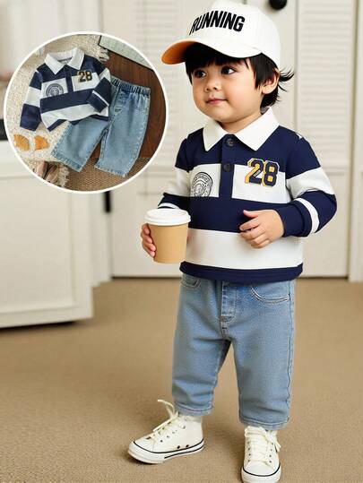 SHEIN Playful Pals مجموعة ملابس أطفال بولو مخطط وجينز أزرق للأولاد والبنات الرضع، 2 قطعة/مجموعة، مناسبة للطبقات مع جاكيت في الشتاء، مناسبة للرياضة والمدرسة والعطلات والسفر، ملابس خريفية للأولاد، مجموعة متنوعة للأطفال في فصل الخريف والشتاء، مقاس 24 شهر