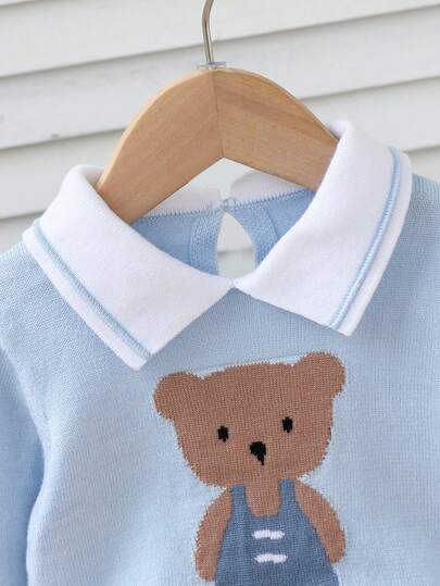 SHEIN Playful Pals طقم كنزة صوفية أطفال ولادي، بلوزة بياقة بولو أنيقة وجميلة مع أكمام طويلة + بنطال طويل مصنوع من الصوف، ناعم ومريح، مناسب للربيع/الخريف، مناسب للارتداء اليومي، للخروجات، السفر، العطلات، المنزل، الحضانة، وألعاب الأطفال