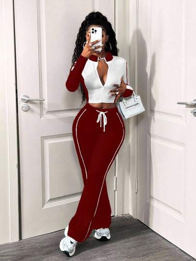 SHEIN BamGlam طقم كاجوال للنساء مكون من قطعتين، تصميم كتل اللون، جاكيت سحاب طويل الأكمام وبنطال بحبل شد، خريفي