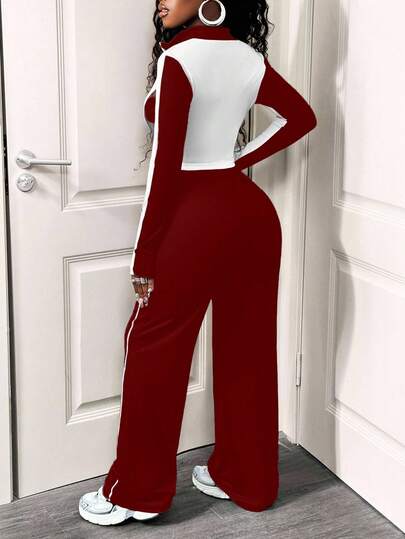 SHEIN BamGlam طقم كاجوال للنساء مكون من قطعتين، تصميم كتل اللون، جاكيت سحاب طويل الأكمام وبنطال بحبل شد، خريفي