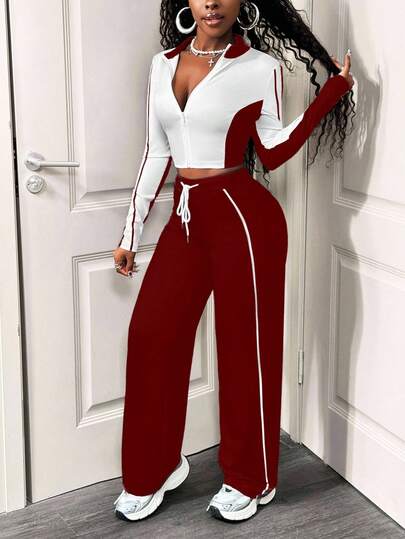 SHEIN BamGlam طقم كاجوال للنساء مكون من قطعتين، تصميم كتل اللون، جاكيت سحاب طويل الأكمام وبنطال بحبل شد، خريفي