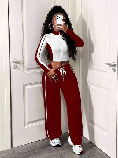 SHEIN BamGlam طقم كاجوال للنساء مكون من قطعتين، تصميم كتل اللون، جاكيت سحاب طويل الأكمام وبنطال بحبل شد، خريفي
