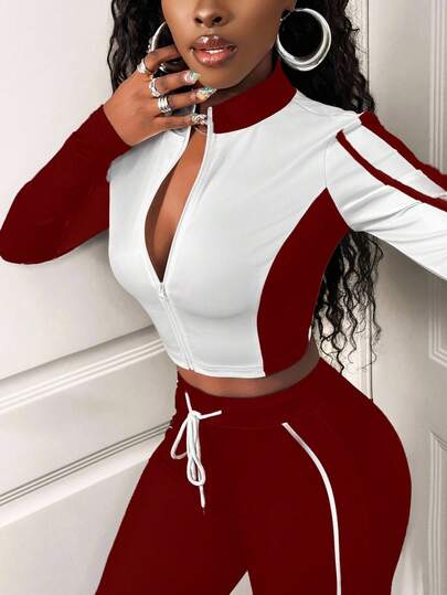 SHEIN BamGlam طقم كاجوال للنساء مكون من قطعتين، تصميم كتل اللون، جاكيت سحاب طويل الأكمام وبنطال بحبل شد، خريفي