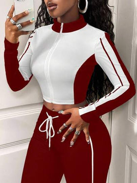 SHEIN BamGlam طقم كاجوال للنساء مكون من قطعتين، تصميم كتل اللون، جاكيت سحاب طويل الأكمام وبنطال بحبل شد، خريفي
