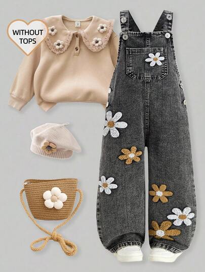 SHEIN ChillGRL بذلة جينز بتصميم زهري ثلاثي الأبعاد للفتيات الصغيرات