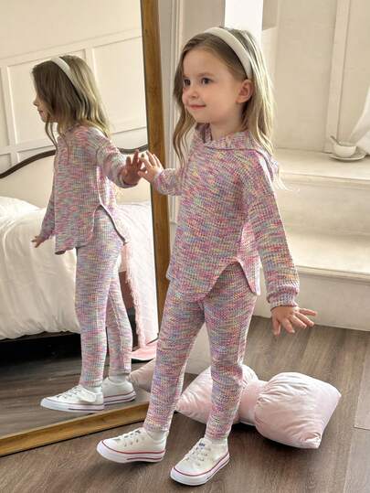 Elladie kids طقم مكون من قطعتين من كنزة صوفية بغطاء رأس بألوان للفتيات الصغيرات وبنطلون محبوك فضفاض بخصر مطاطي، مناسب للربيع والخريف
