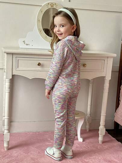 Elladie kids طقم مكون من قطعتين من كنزة صوفية بغطاء رأس بألوان للفتيات الصغيرات وبنطلون محبوك فضفاض بخصر مطاطي، مناسب للربيع والخريف