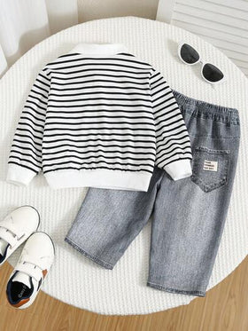 SHEIN مجموعة ملابس طفل/طفلة مكونة من بلوزة بولو مخططة سميكة وبنطال مطبوع بنقشة الجينز، ملابس كاجوال مريحة للارتداء اليومي، مناسبة للداخل والخارج والرياضة والحفلات وتصوير الصور والمناسبات والشارع والبدلة الرياضية والجوجرز والكريسماس ورأس السنة والخريف/الشت