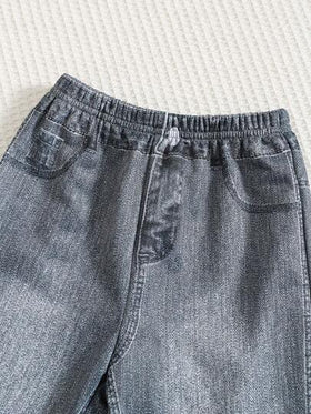 SHEIN مجموعة ملابس طفل/طفلة مكونة من بلوزة بولو مخططة سميكة وبنطال مطبوع بنقشة الجينز، ملابس كاجوال مريحة للارتداء اليومي، مناسبة للداخل والخارج والرياضة والحفلات وتصوير الصور والمناسبات والشارع والبدلة الرياضية والجوجرز والكريسماس ورأس السنة والخريف/الشت