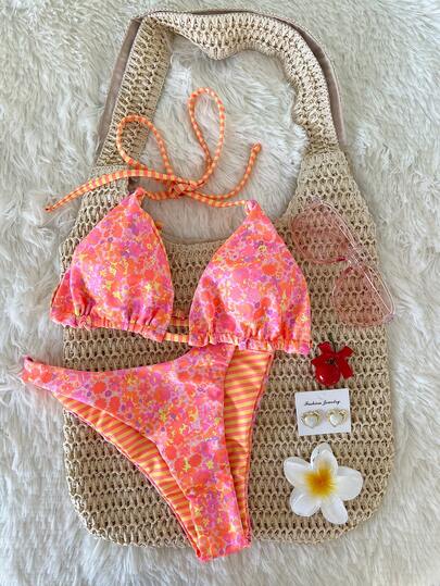 Swim Mod حزمة من قطعتين زي السباحة للنساء مكون من ملابس علوية وأسفل مزين بطباعة زهور عشوائية قابل للعكس، مناسب للعطلات والشاطئ