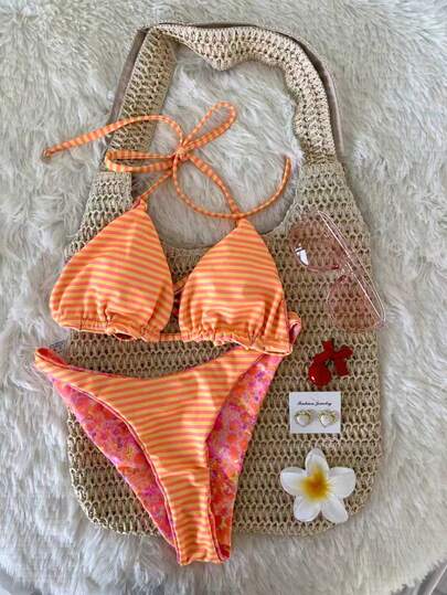 Swim Mod حزمة من قطعتين زي السباحة للنساء مكون من ملابس علوية وأسفل مزين بطباعة زهور عشوائية قابل للعكس، مناسب للعطلات والشاطئ