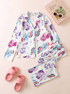 My Little Pony X SHEIN مجموعة بيجامة بقميص وبنطلون مطبوعة بالوحيد والحصان النمط المناسبة للفتيات المراهقات، مناسبة للربيع والخريف والشتاء، قطعتان