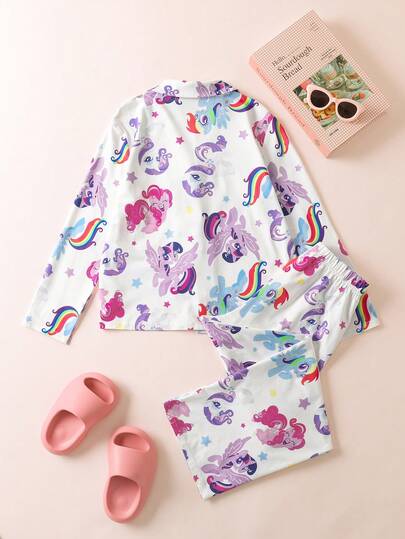 My Little Pony X SHEIN مجموعة بيجامة بقميص وبنطلون مطبوعة بالوحيد والحصان النمط المناسبة للفتيات المراهقات، مناسبة للربيع والخريف والشتاء، قطعتان