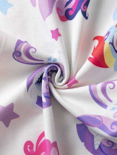My Little Pony X SHEIN مجموعة بيجامة بقميص وبنطلون مطبوعة بالوحيد والحصان النمط المناسبة للفتيات المراهقات، مناسبة للربيع والخريف والشتاء، قطعتان