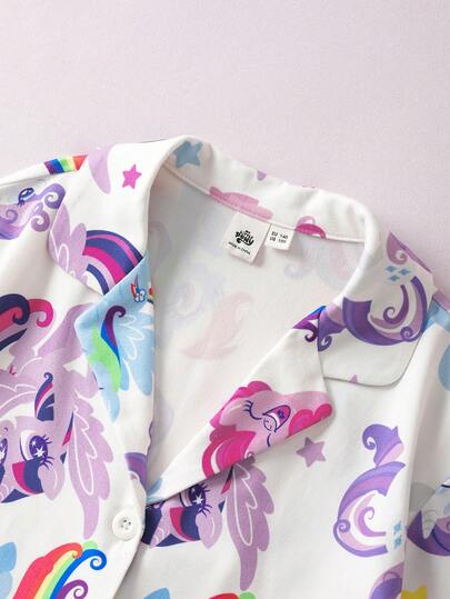 My Little Pony X SHEIN مجموعة بيجامة بقميص وبنطلون مطبوعة بالوحيد والحصان النمط المناسبة للفتيات المراهقات، مناسبة للربيع والخريف والشتاء، قطعتان