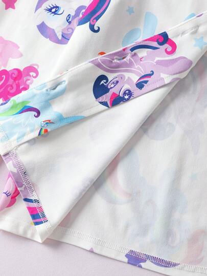 My Little Pony X SHEIN مجموعة بيجامة بقميص وبنطلون مطبوعة بالوحيد والحصان النمط المناسبة للفتيات المراهقات، مناسبة للربيع والخريف والشتاء، قطعتان