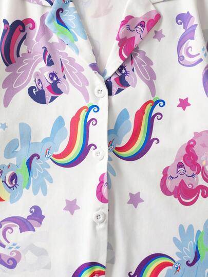 My Little Pony X SHEIN مجموعة بيجامة بقميص وبنطلون مطبوعة بالوحيد والحصان النمط المناسبة للفتيات المراهقات، مناسبة للربيع والخريف والشتاء، قطعتان