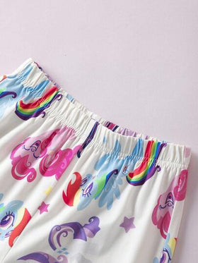 My Little Pony X SHEIN مجموعة بيجامة بقميص وبنطلون مطبوعة بالوحيد والحصان النمط المناسبة للفتيات المراهقات، مناسبة للربيع والخريف والشتاء، قطعتان