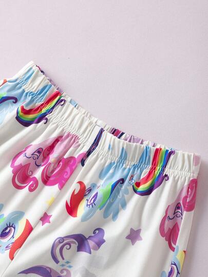 My Little Pony X SHEIN مجموعة بيجامة بقميص وبنطلون مطبوعة بالوحيد والحصان النمط المناسبة للفتيات المراهقات، مناسبة للربيع والخريف والشتاء، قطعتان