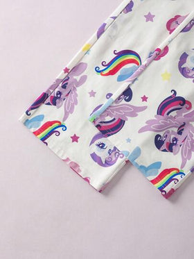 My Little Pony X SHEIN مجموعة بيجامة بقميص وبنطلون مطبوعة بالوحيد والحصان النمط المناسبة للفتيات المراهقات، مناسبة للربيع والخريف والشتاء، قطعتان